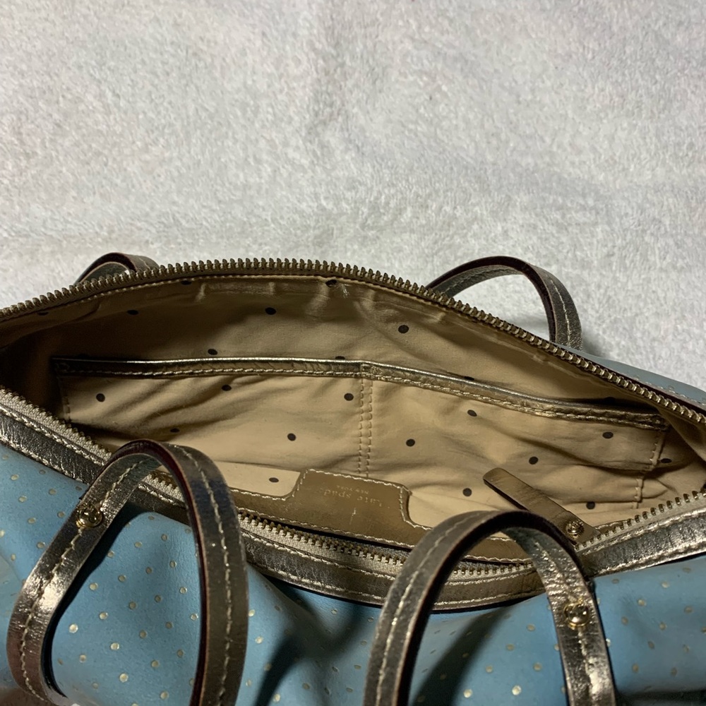 Kate Spade Purse, small, light blue suede type fabric w/ metallic dots and trim - Picture 5 of 6